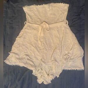 White Romper with Pom-Pom Trim